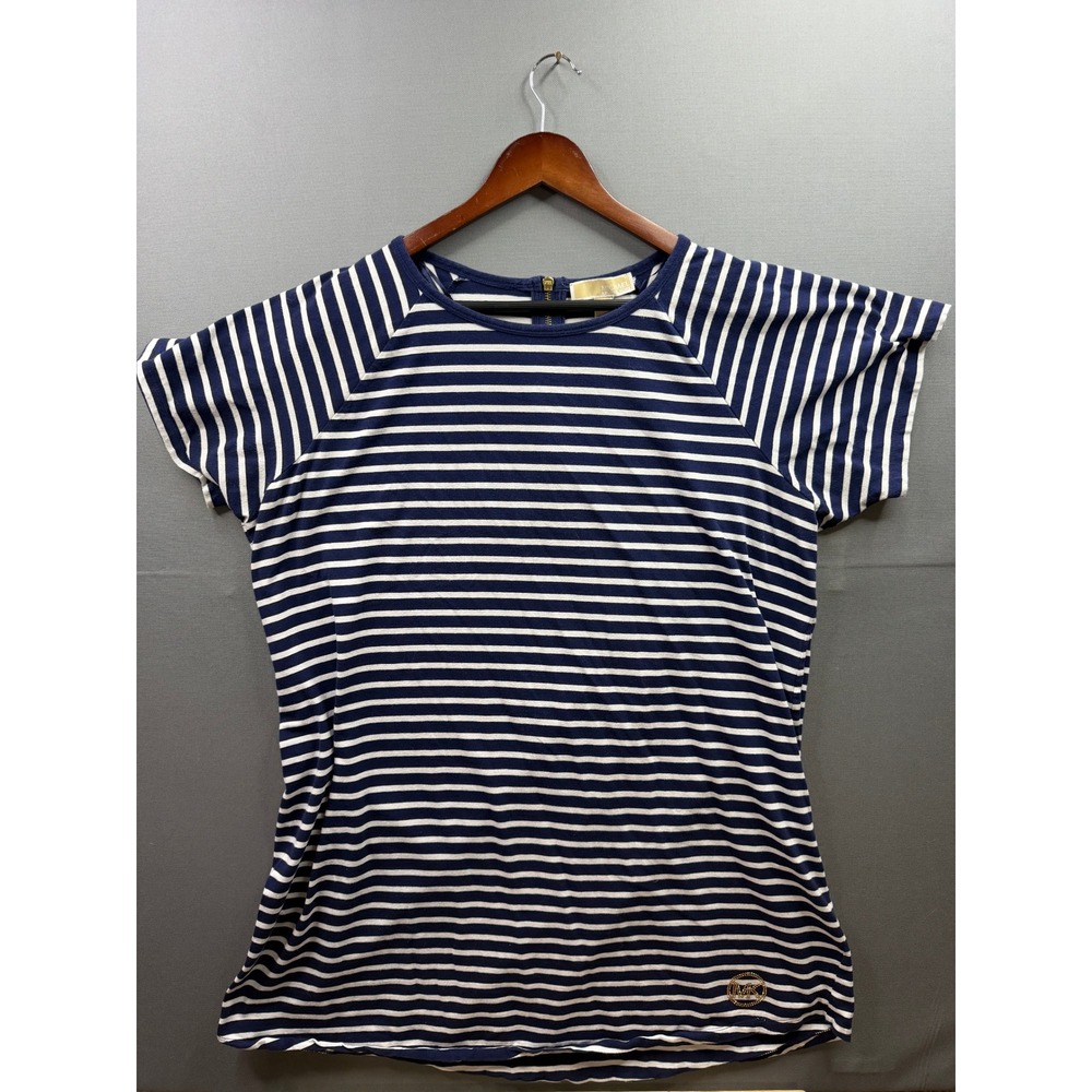 Michael Kors Striped Top Womens Blue White Back Zip Short Sleeve 2X